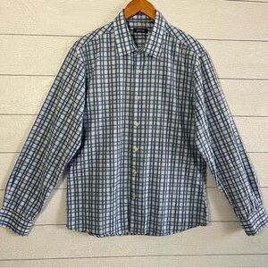 Kenneth Cole Reaction Blue and White Plaid Casual Button Down Shirt Size Large